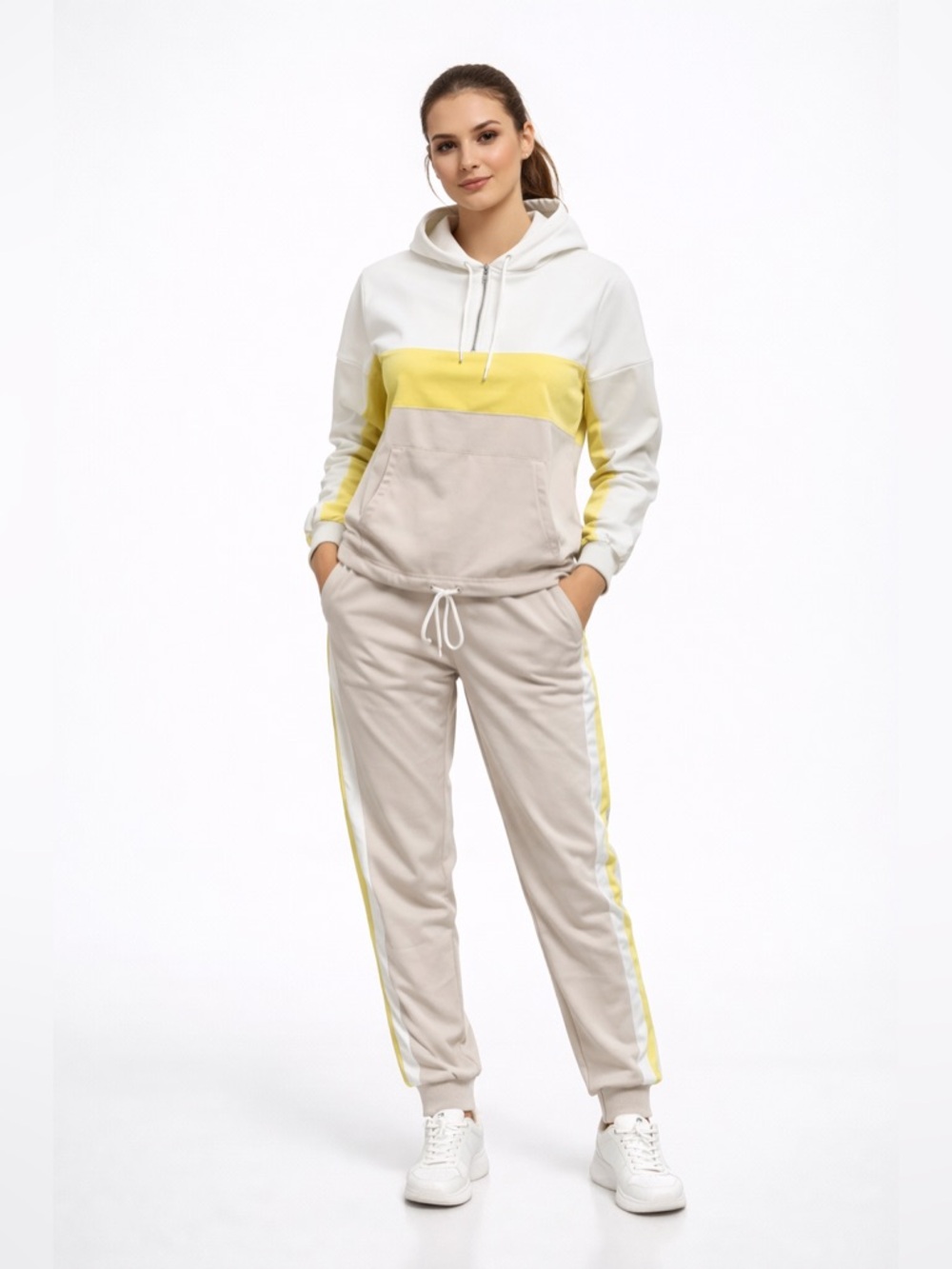 ZARA Women’s Colorblock Hooded Tracksuit Set – Beige/Yellow/White – Size S